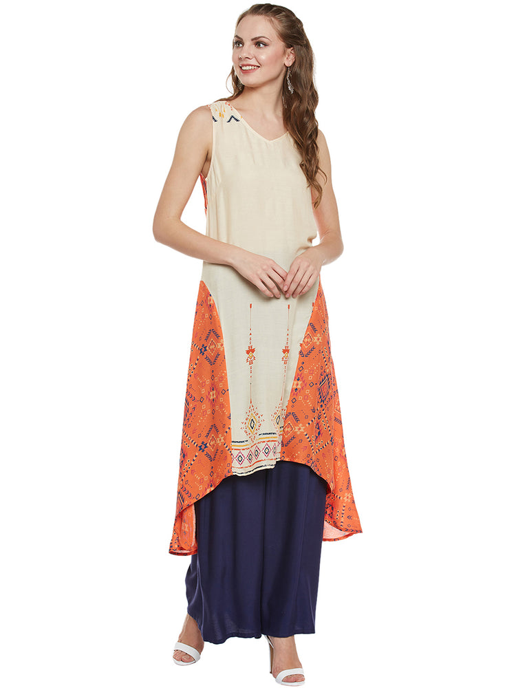 Sleeveless V-Neck Printed Long Women's Kurta, Style Code - S17364N