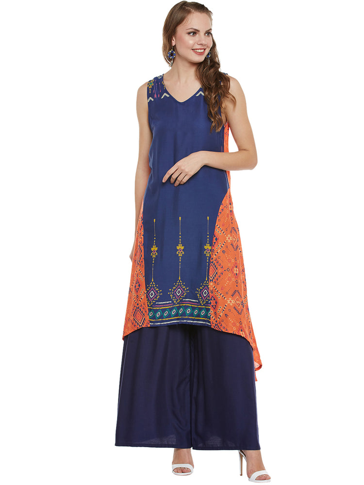 Sleeveless V-Neck Printed Long Women's Kurta, Style Code - S17364N