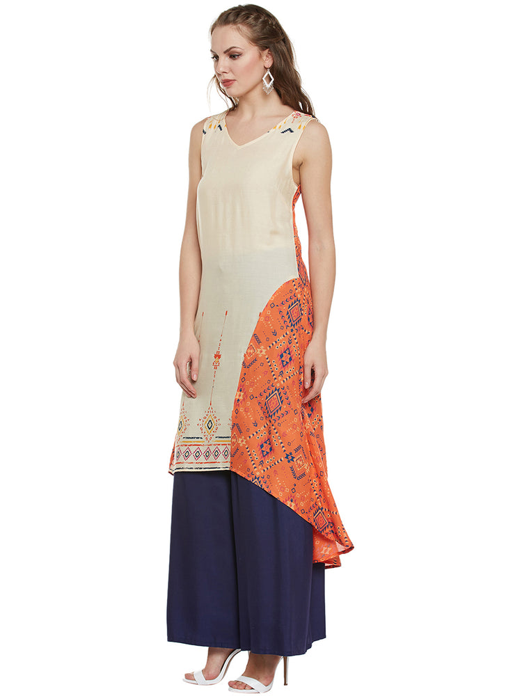 Sleeveless V-Neck Printed Long Women's Kurta, Style Code - S17364N