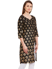 Straight Block Print Key Hole Neck Knee-Length Women's Kurta, Style Code - FW16012N
